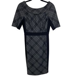 White House Black Market Collared Short Sleeve Plaid Midi Dress Gray Black 2